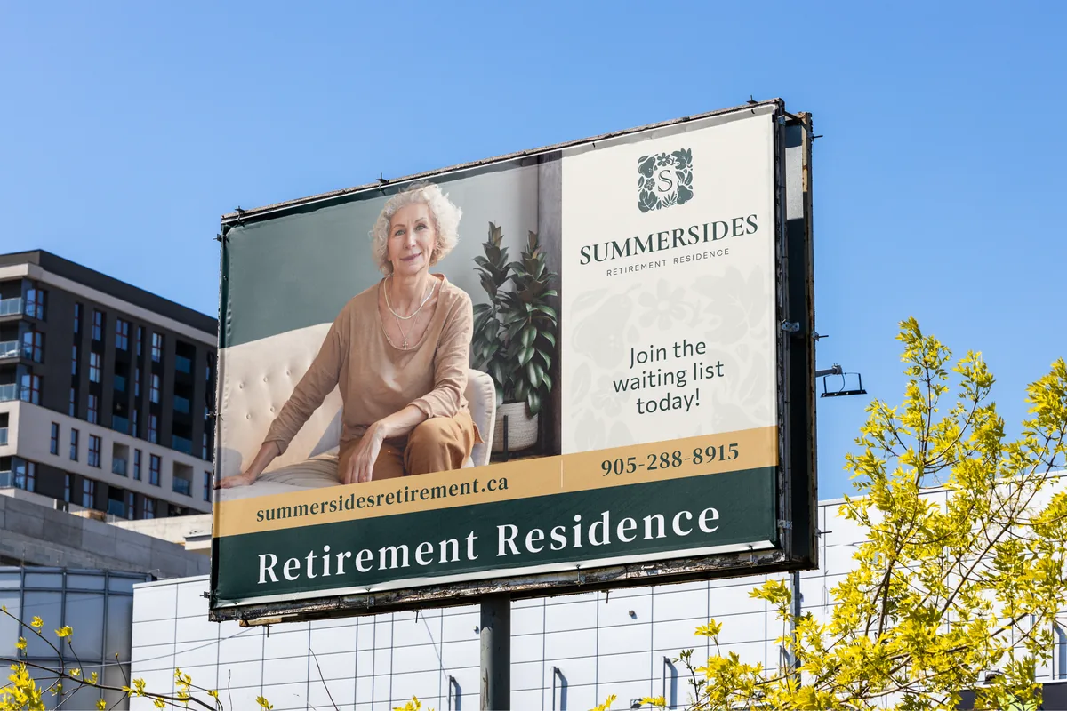 Roadside billboard for a retirement residence: a resident at home and a call to join the waiting list