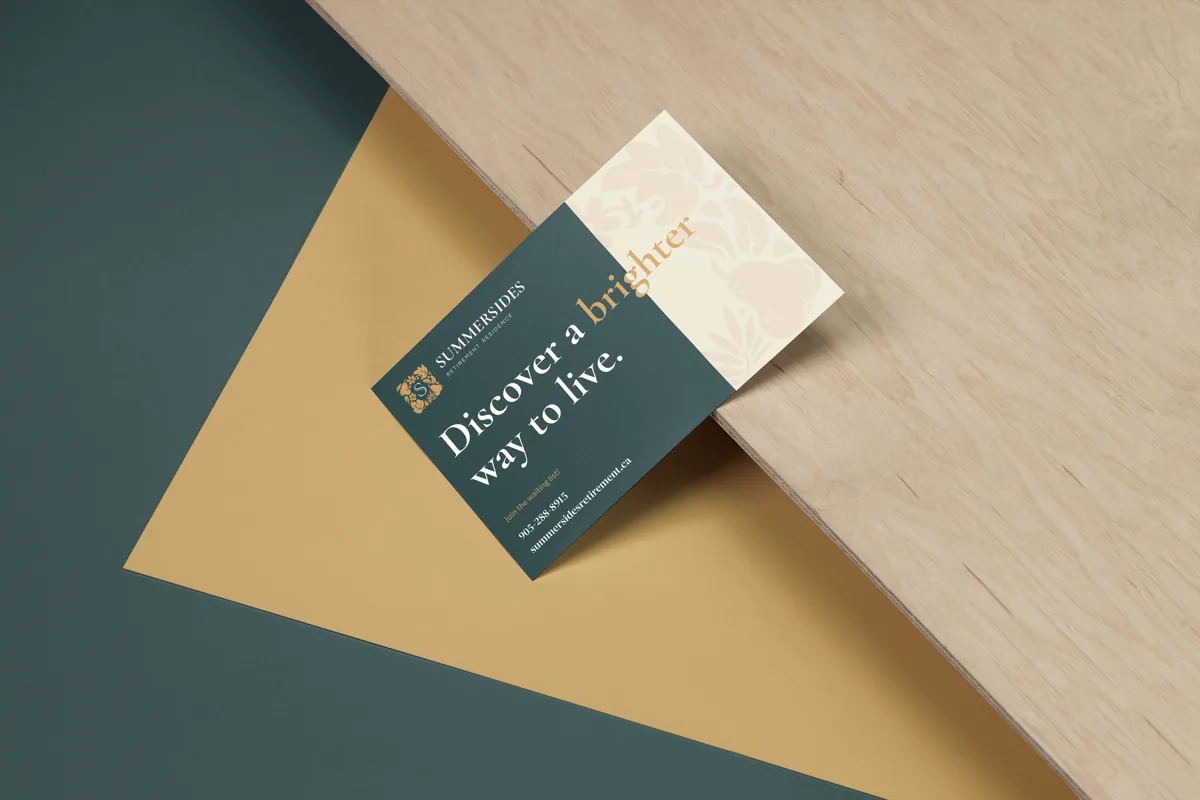 Printed flyer for a retirement residence: deep green, gold and a floral pattern